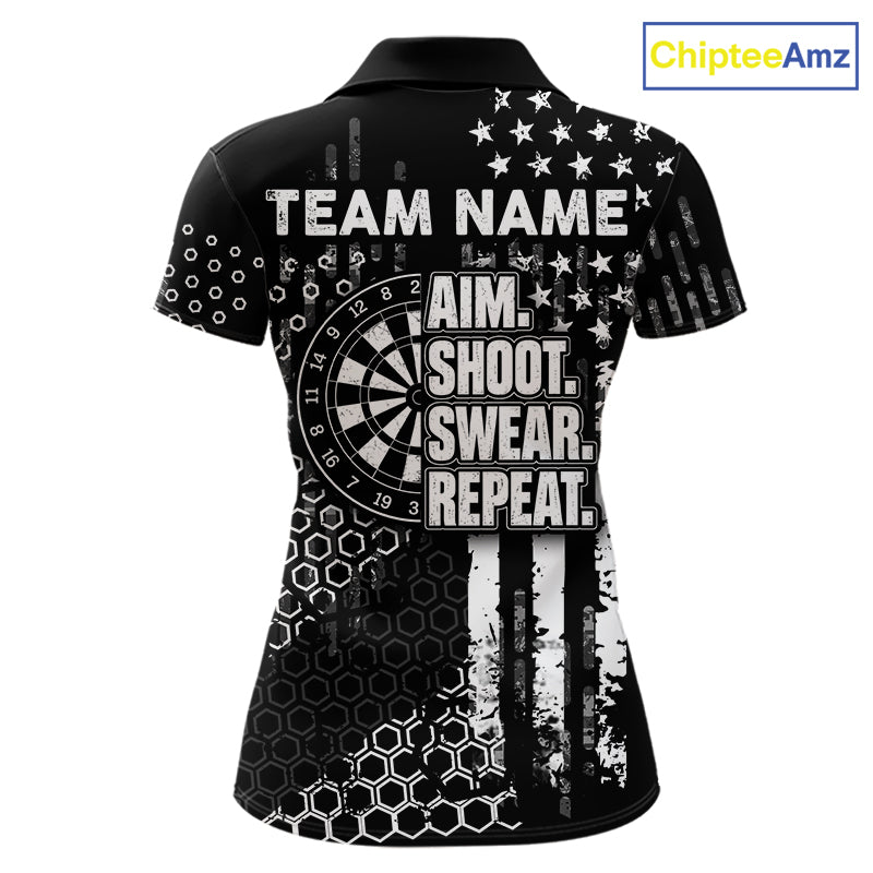 White Black US Flag Aim Shoot Swear Repeat Darts Shirts For Women Custom Grunge Darts Team Jersey TDM8037