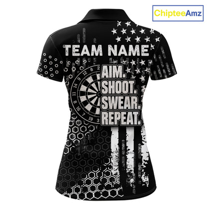 White Black US Flag Aim Shoot Swear Repeat Darts Shirts For Women Custom Grunge Darts Team Jersey TDM8037