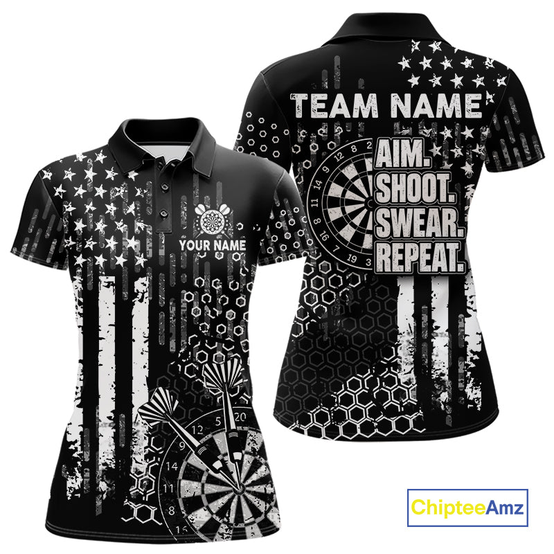 White Black US Flag Aim Shoot Swear Repeat Darts Shirts For Women Custom Grunge Darts Team Jersey TDM8037