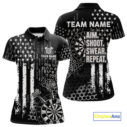 White Black US Flag Aim Shoot Swear Repeat Darts Shirts For Women Custom Grunge Darts Team Jersey TDM8037
