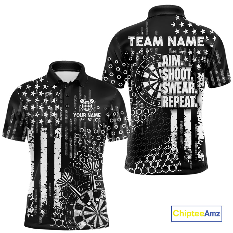 White Black US Flag Aim Shoot Swear Repeat Darts Shirts For Men Custom Grunge Darts Team Jersey TDM8037