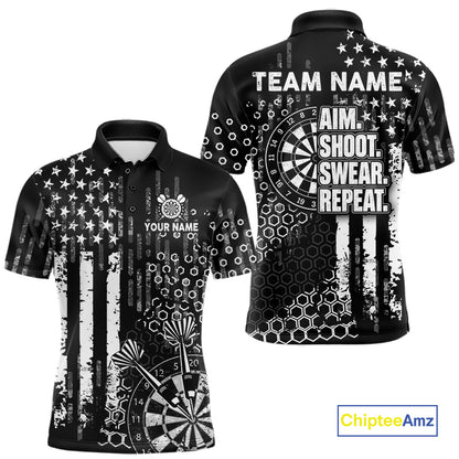 White Black US Flag Aim Shoot Swear Repeat Darts Shirts For Men Custom Grunge Darts Team Jersey TDM8037