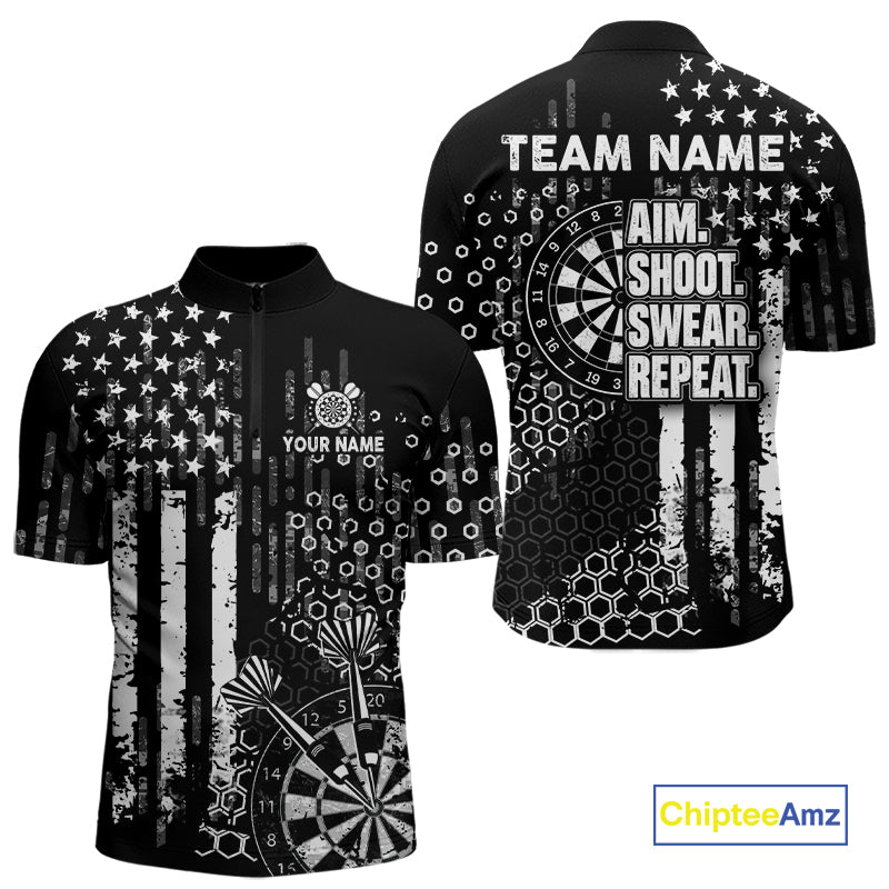 White Black US Flag Aim Shoot Swear Repeat Darts Shirts For Men Custom Grunge Darts Team Jersey TDM8037