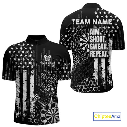 White Black US Flag Aim Shoot Swear Repeat Darts Shirts For Men Custom Grunge Darts Team Jersey TDM8037