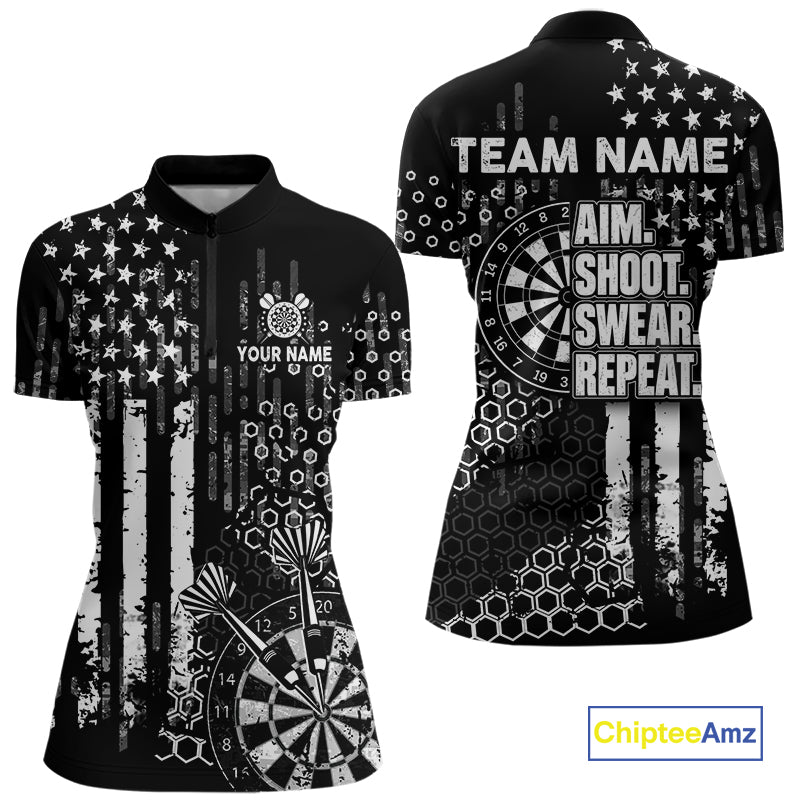 White Black US Flag Aim Shoot Swear Repeat Darts Shirts For Women Custom Grunge Darts Team Jersey TDM8037