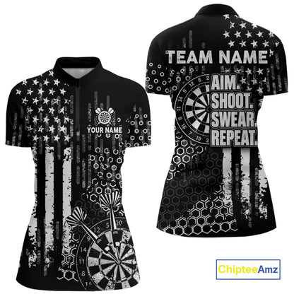White Black US Flag Aim Shoot Swear Repeat Darts Shirts For Women Custom Grunge Darts Team Jersey TDM8037