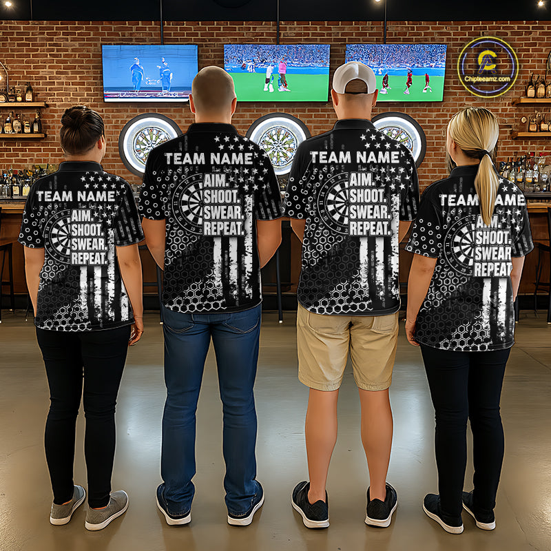 White Black US Flag Aim Shoot Swear Repeat Darts Shirts For Women Custom Grunge Darts Team Jersey TDM8037
