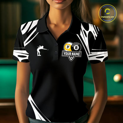 Personalized 8 Ball & 9 Ball Pool Billiard Polo, 1/4 Zip For Women Custom Team Billiard Jersey |White TDM5600