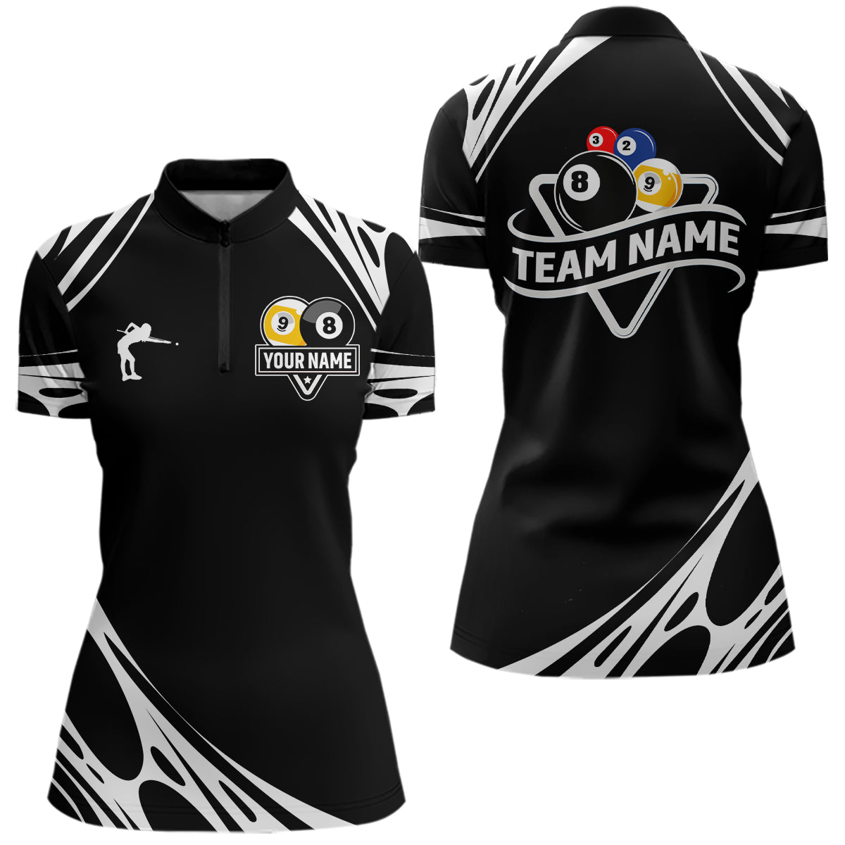 Personalized 8 Ball & 9 Ball Pool Billiard Polo, 1/4 Zip For Women Custom Team Billiard Jersey |White TDM5600