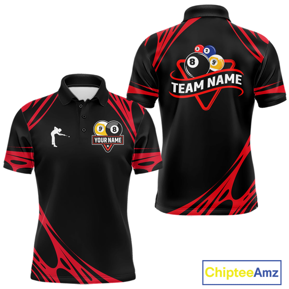 Personalized 8 Ball & 9 Ball Pool Billiard Polo, 1/4 Zip For Men Custom Team Billiard Jersey |Red TDM5601