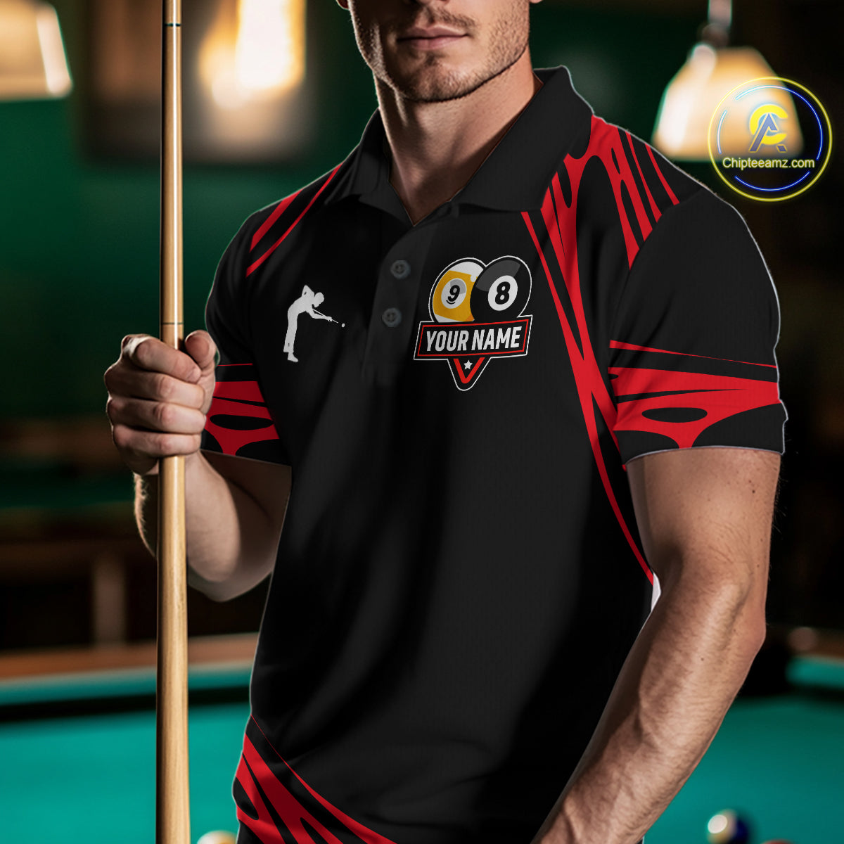 Personalized 8 Ball & 9 Ball Pool Billiard Polo, 1/4 Zip For Men Custom Team Billiard Jersey |Red TDM5601