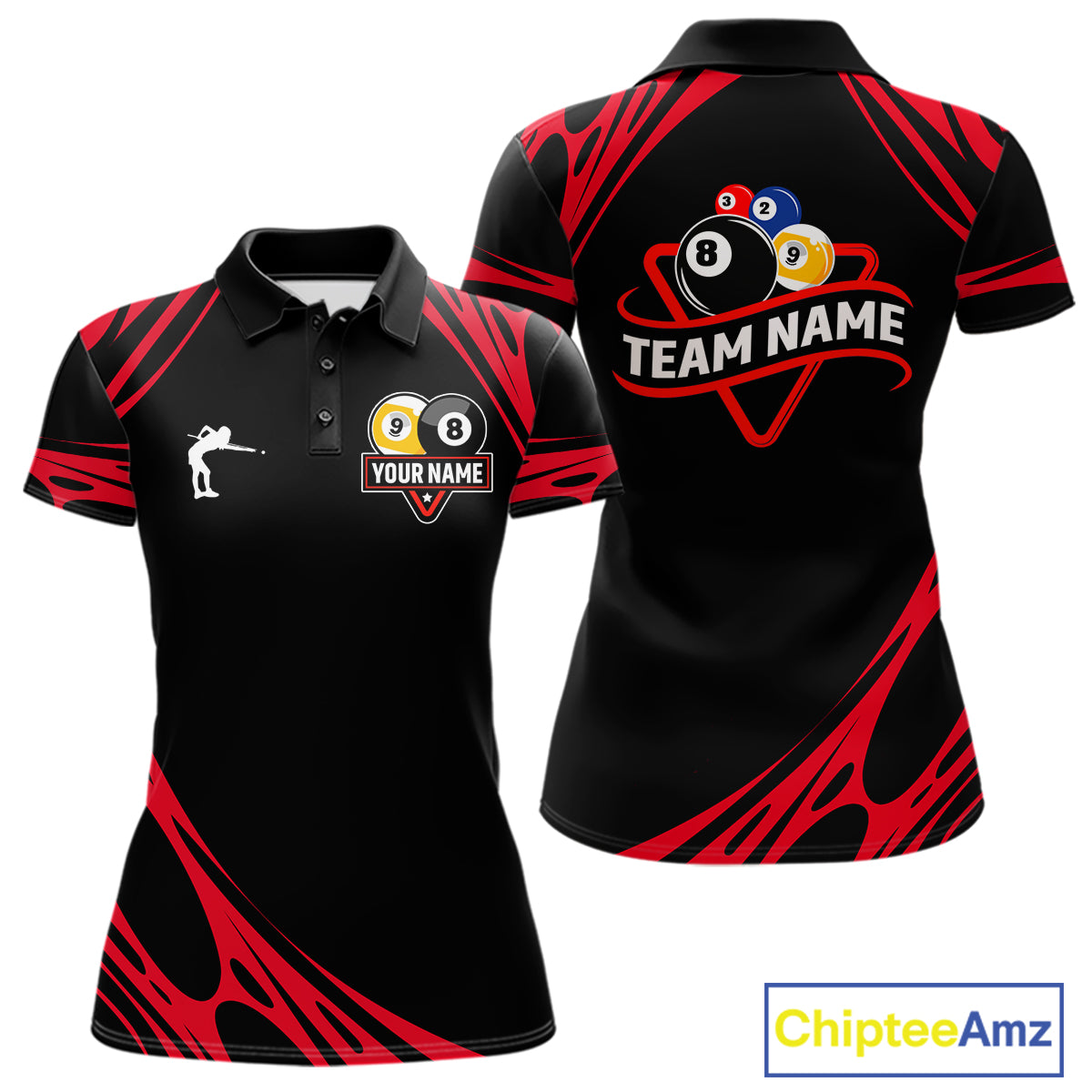Personalized 8 Ball & 9 Ball Pool Billiard Polo, 1/4 Zip For Women Custom Team Billiard Jersey |Red TDM5601