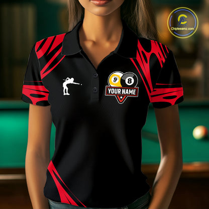 Personalized 8 Ball & 9 Ball Pool Billiard Polo, 1/4 Zip For Women Custom Team Billiard Jersey |Red TDM5601