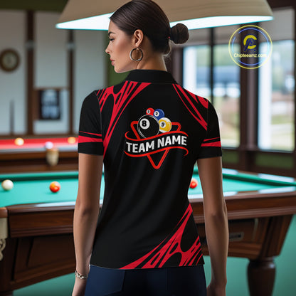 Personalized 8 Ball & 9 Ball Pool Billiard Polo, 1/4 Zip For Women Custom Team Billiard Jersey |Red TDM5601