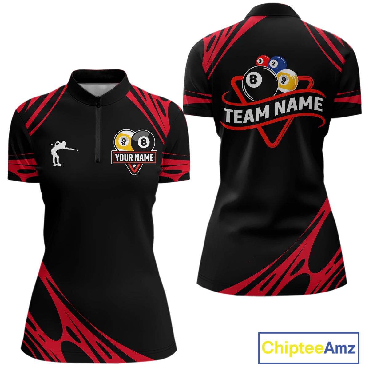 Personalized 8 Ball & 9 Ball Pool Billiard Polo, 1/4 Zip For Women Custom Team Billiard Jersey |Red TDM5601