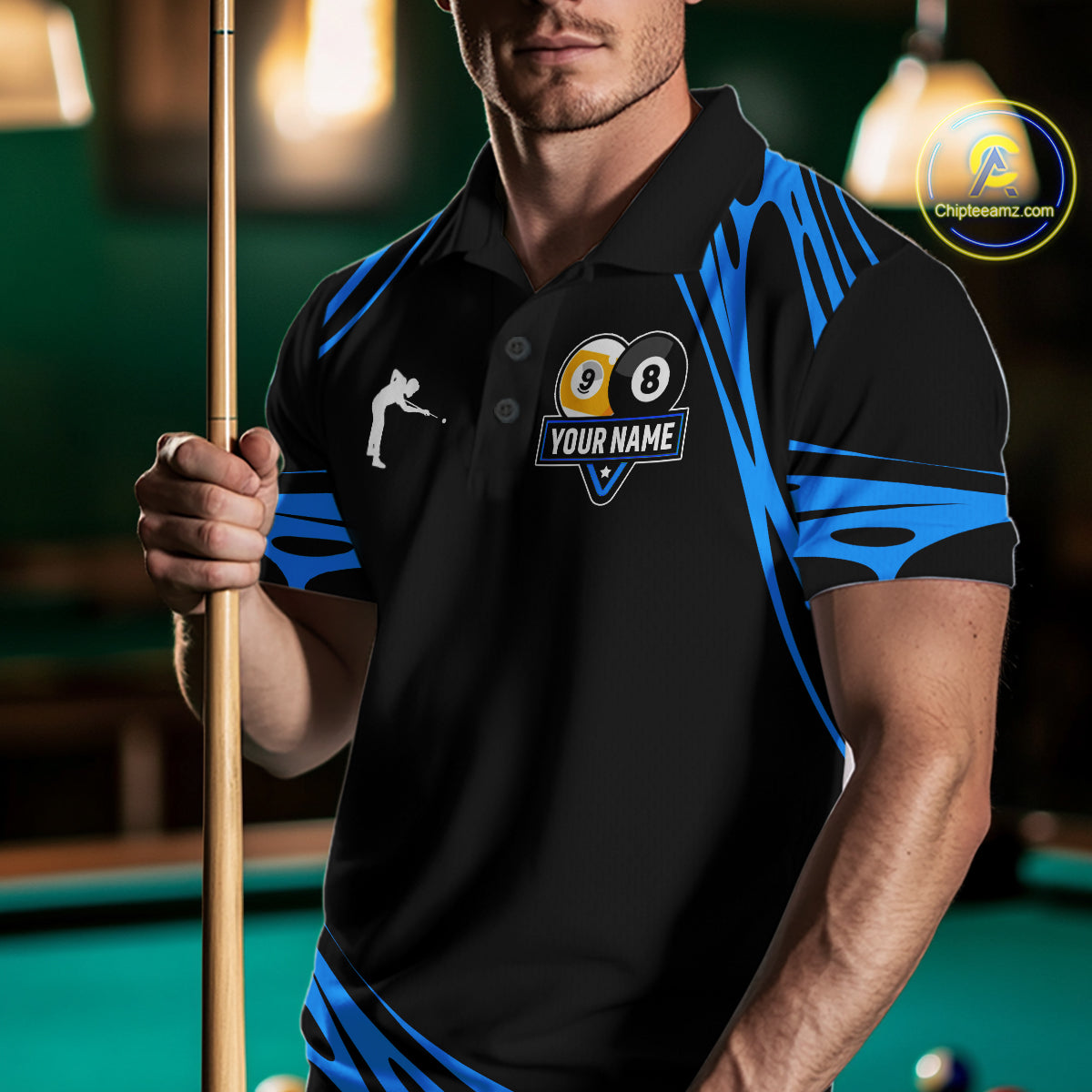 Personalized 8 Ball & 9 Ball Pool Billiard Polo, 1/4 Zip For Men Custom Team Billiard Jersey |Blue TDM5602
