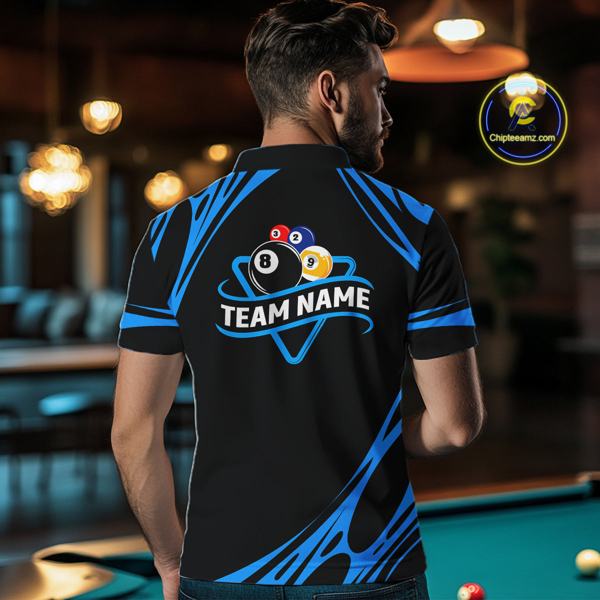Personalized 8 Ball & 9 Ball Pool Billiard Polo, 1/4 Zip For Men Custom Team Billiard Jersey |Blue TDM5602