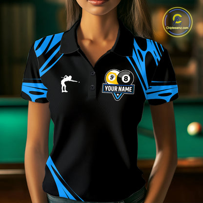 Personalized 8 Ball & 9 Ball Pool Billiard Polo, 1/4 Zip For Women Custom Team Billiard Jersey |Blue TDM5602
