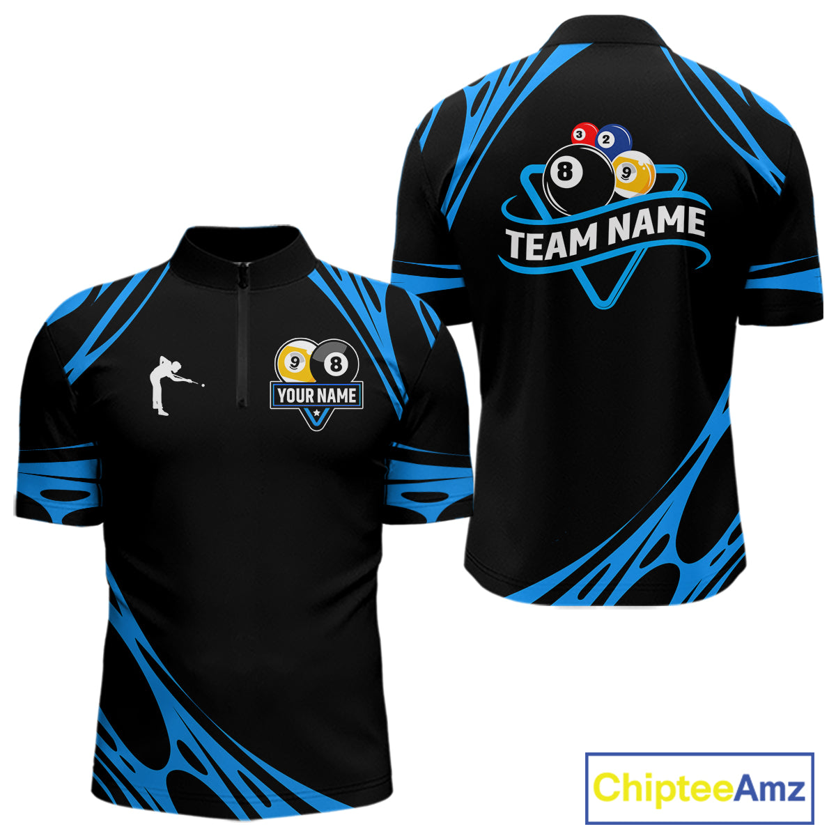 Personalized 8 Ball & 9 Ball Pool Billiard Polo, 1/4 Zip For Men Custom Team Billiard Jersey |Blue TDM5602