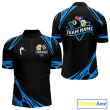 Load image into Gallery viewer, Personalized 8 Ball &amp; 9 Ball Pool Billiard Polo, 1/4 Zip For Men Custom Team Billiard Jersey |Blue TDM5602