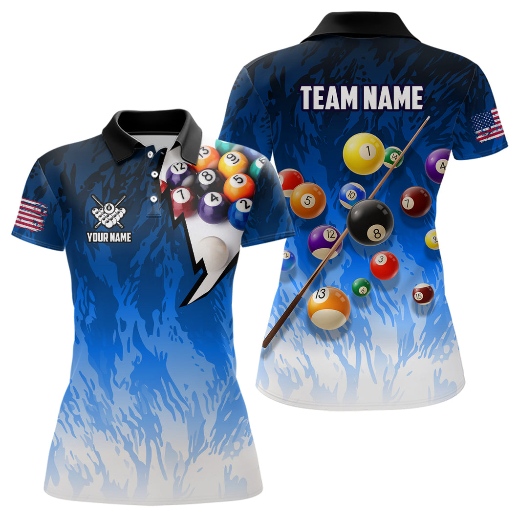 Personalized Blue Pool Player Billiard 8 Ball Polo & 1/4 Zip For Women Custom Billiard Shirts Jerseys TDM3656