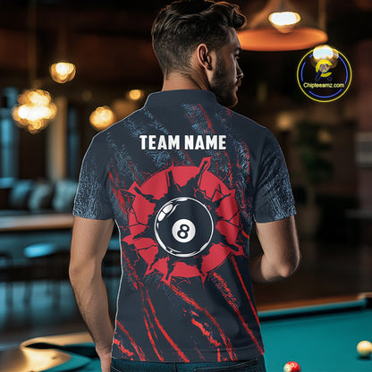 Blue And Red Camo 8 Ball Billiard Pool Shirts For Men Custom Billiard Team Jersey Polo, 1/4 Zip TDM8061