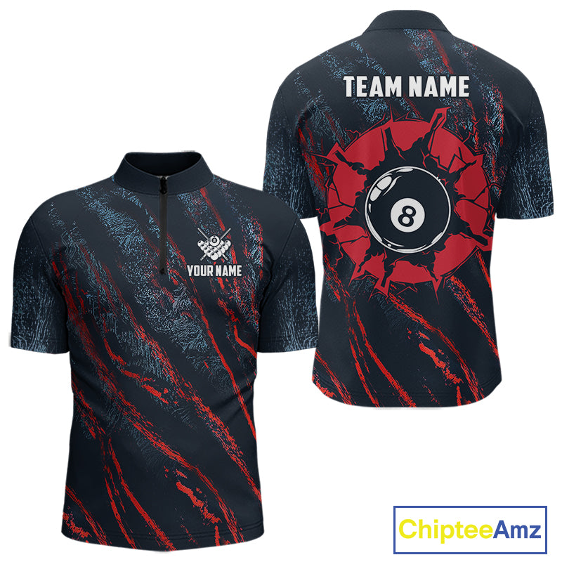 Blue And Red Camo 8 Ball Billiard Pool Shirts For Men Custom Billiard Team Jersey Polo, 1/4 Zip TDM8061