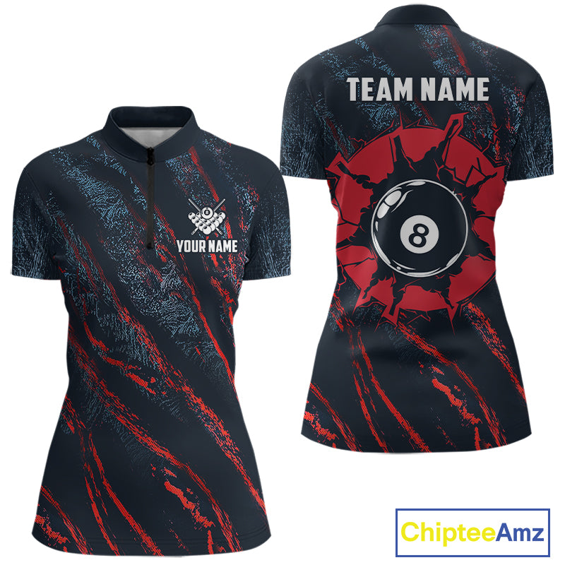 Blue And Red Camo 8 Ball Billiard Pool Shirts For Women Custom Billiard Team Jersey Polo, 1/4 Zip TDM8061