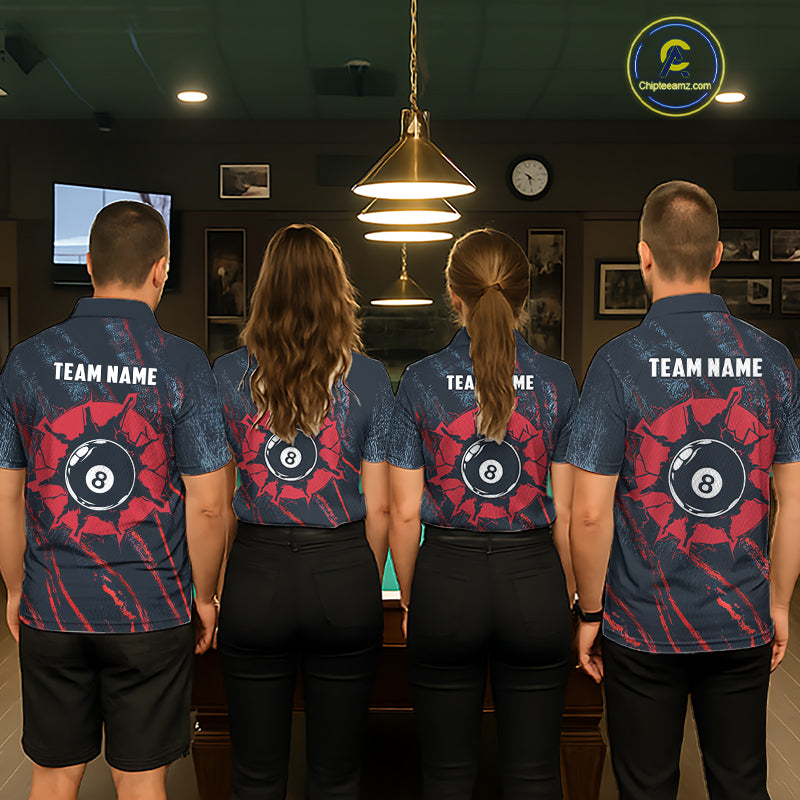 Blue And Red Camo 8 Ball Billiard Pool Shirts For Men Custom Billiard Team Jersey Polo, 1/4 Zip TDM8061