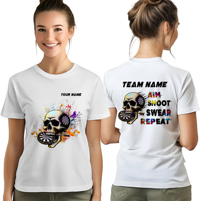 Aim Shoot Swear Repeat Colorful Skull White Dart T-Shirts Custom Funny Dart Shirts For Darts Player TDM3946