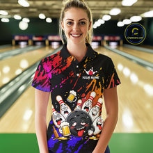Load image into Gallery viewer, Woman wearing blue and red drunk bowling balls and pins bowling polo shirt front view.