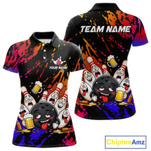 Load image into Gallery viewer, Blue and red drunk bowling balls and pins bowling polo shirt for women, funny beer bowling jersey.