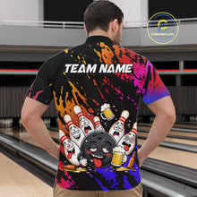 Load image into Gallery viewer, Man wearing blue and red drunk bowling balls and pins bowling quarter zip shirt back view.