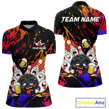 Load image into Gallery viewer, Blue and red drunk bowling balls and pins bowling quarter zip shirt for women.