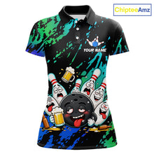 Load image into Gallery viewer, Blue and turquoise drunk bowling balls bowling team polo shirt for women.