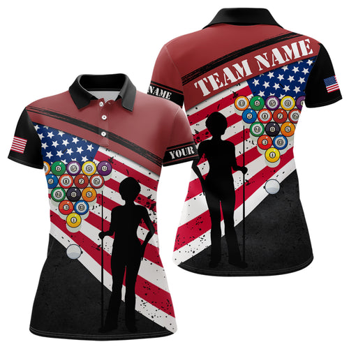 Custom Black Red American Flag Billiard 3D Printed Polo Shirts For Women Custom Pool Player Shirts TDM0258