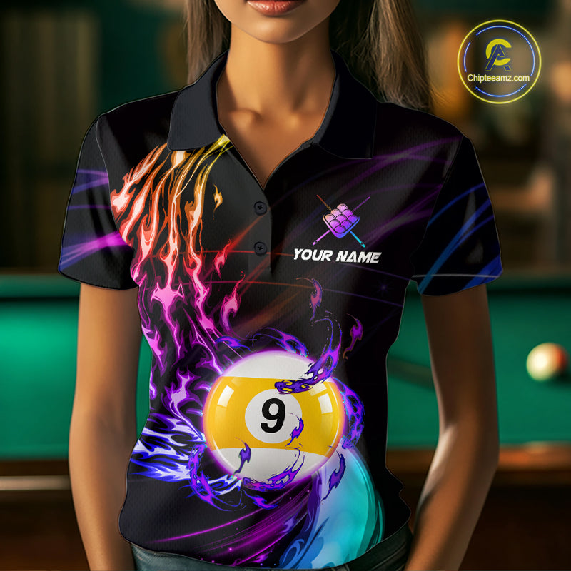 Personalized Purple Blue 9 Ball Billiard Pool Shirts For Women Custom Glowing Billiard Team Jersey TDM7743