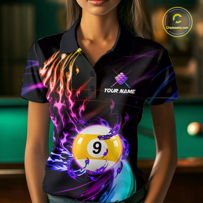 Personalized Purple Blue 9 Ball Billiard Pool Shirts For Women Custom Glowing Billiard Team Jersey TDM7743