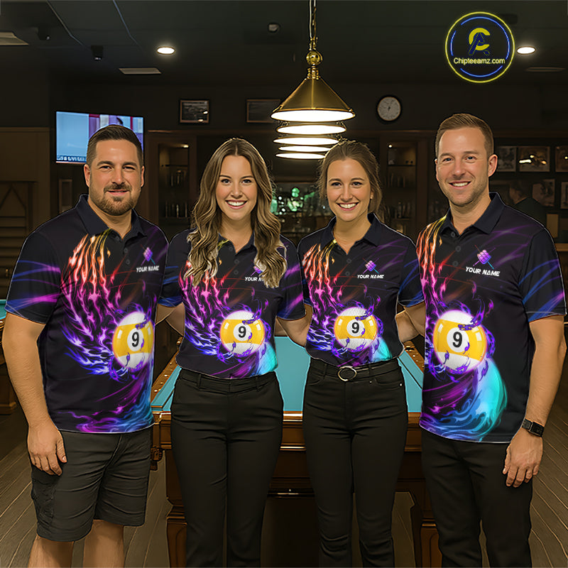 Personalized Purple Blue 9 Ball Billiard Pool Shirts For Women Custom Glowing Billiard Team Jersey TDM7743