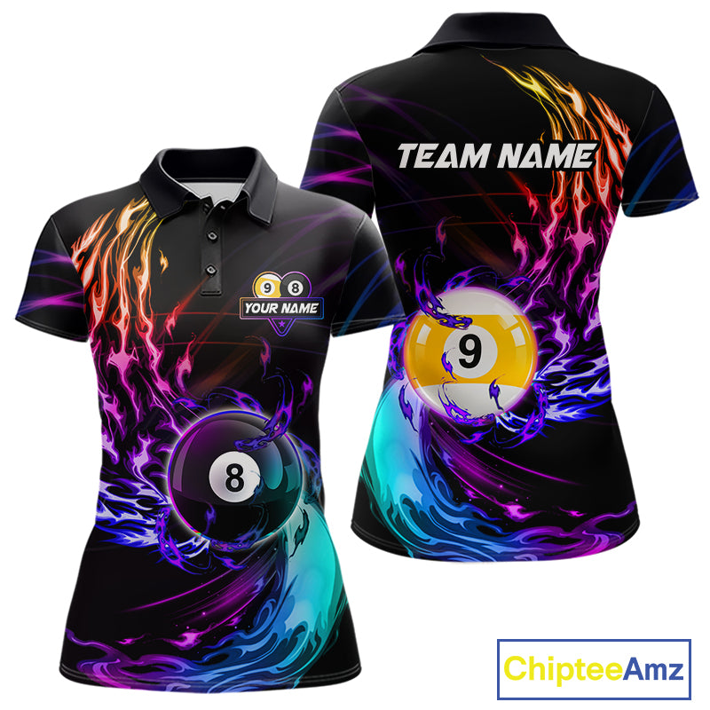 Personalized Purple Blue 8 Ball & 9 Ball Billiard Shirts For Women Custom Glowing Pool Team Jersey TDM7745