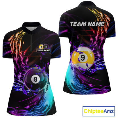 Personalized Purple Blue 8 Ball & 9 Ball Billiard Shirts For Women Custom Glowing Pool Team Jersey TDM7745