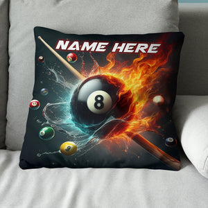 8 Ball Pool In Water And Fire Throw Pillow, Personalized Billiard Pillow TDM0840