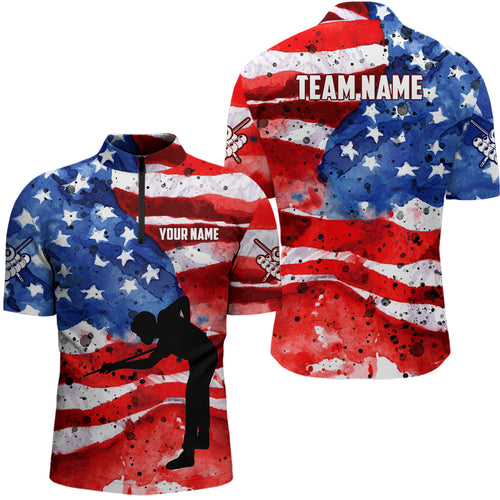 Personalized USA Flag Billiard Player Men Quarter-Zip Shirt, American Flag Billiard Shirts TDM1035