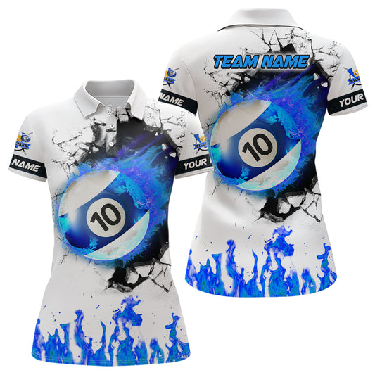 Personalized Blue Flaming 10 Ball Pool Billiard Polo Shirts For Women, 10 Ball Billiard Apparel TDM1034