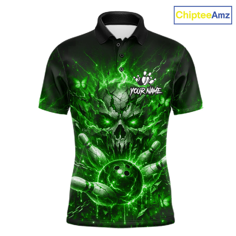 Personalized Green Skull Butterfly Bowling Shirt For Men Custom Bowling Team Jersey Polo & 1/4 Zip TDM7413