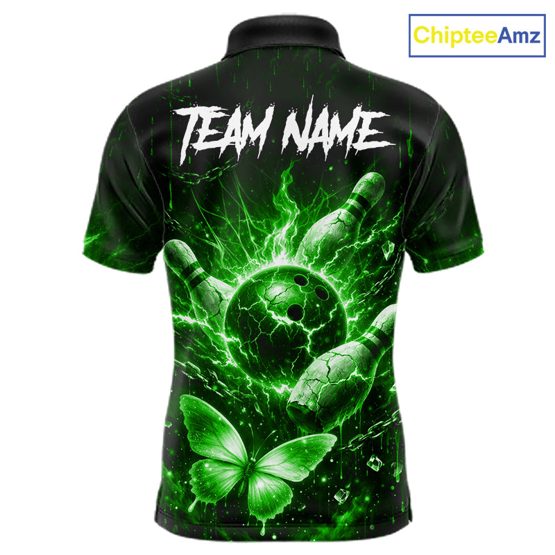 Personalized Green Skull Butterfly Bowling Shirt For Men Custom Bowling Team Jersey Polo & 1/4 Zip TDM7413