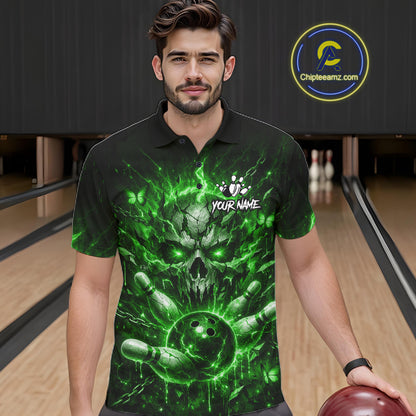 Personalized Green Skull Butterfly Bowling Shirt For Men Custom Bowling Team Jersey Polo & 1/4 Zip TDM7413