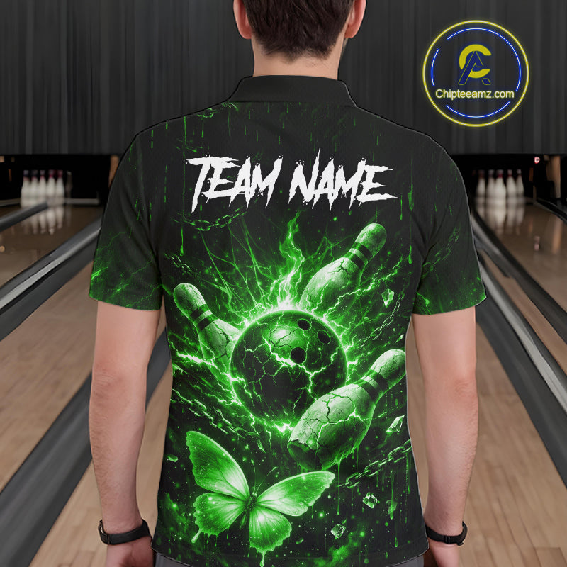 Personalized Green Skull Butterfly Bowling Shirt For Men Custom Bowling Team Jersey Polo & 1/4 Zip TDM7413