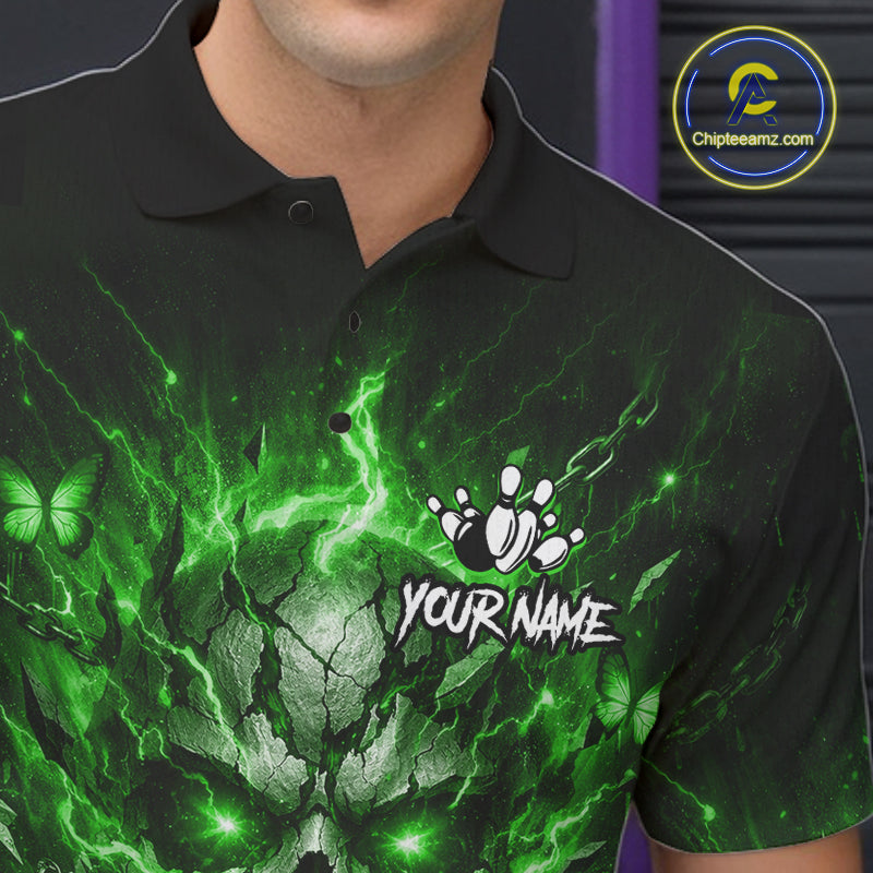 Personalized Green Skull Butterfly Bowling Shirt For Men Custom Bowling Team Jersey Polo & 1/4 Zip TDM7413