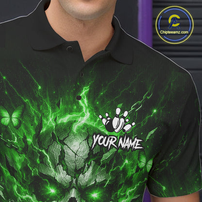 Personalized Green Skull Butterfly Bowling Shirt For Men Custom Bowling Team Jersey Polo & 1/4 Zip TDM7413